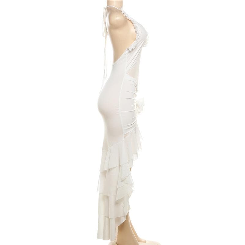 Halter ruffle ruched mesh flower applique maxi dress