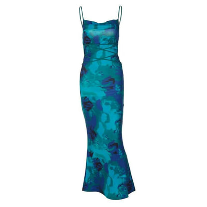 Flower print self tie cowl neck backless cami maxi dress-final-sale