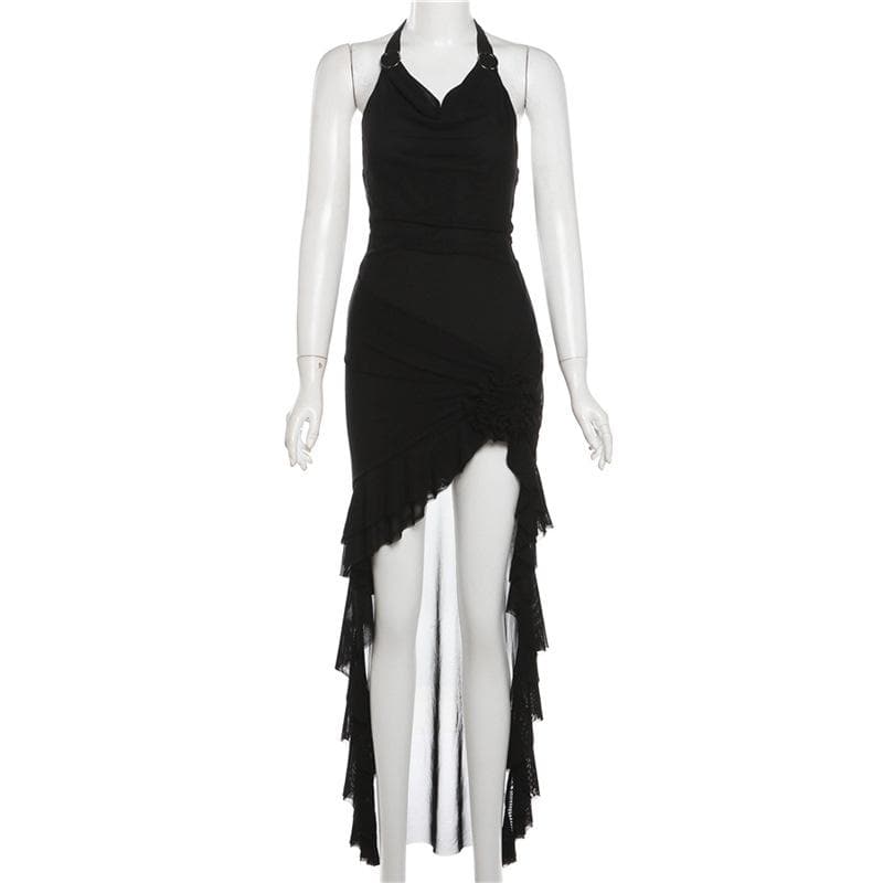 Halter cowl neck flower applique ruffle maxi dress