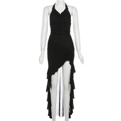 Halter cowl neck flower applique ruffle maxi dress