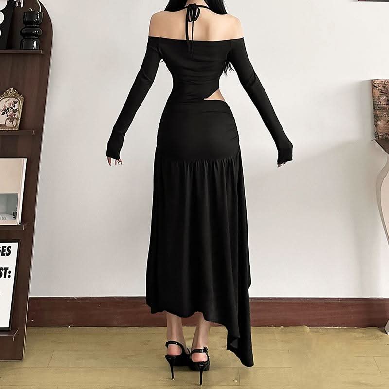Halter long sleeve off shoulder hollow out cut out maxi dress