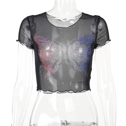 Round neck short sleeve butterfly pattern beaded crop top