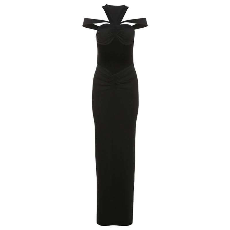 Ruched hollow out crewneck solid cut out maxi dress
