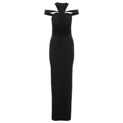 Ruched hollow out crewneck solid cut out maxi dress