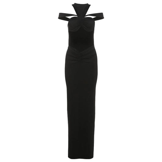 Ruched hollow out crewneck solid cut out maxi dress