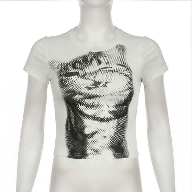 Short sleeve crewneck cat print top