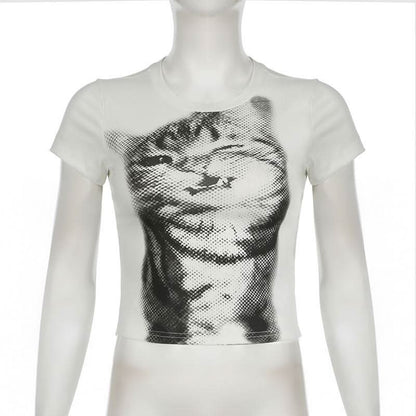 Short sleeve crewneck cat print top