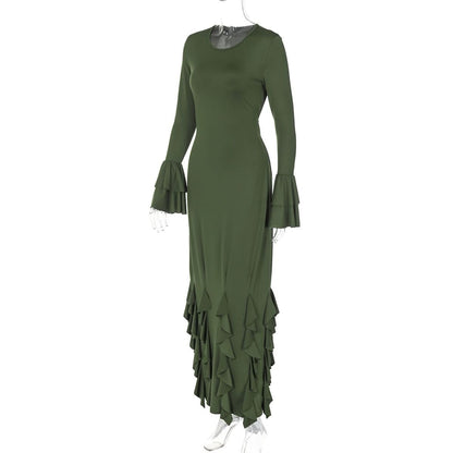 Long flared sleeve crewneck ruffle self tie maxi dress