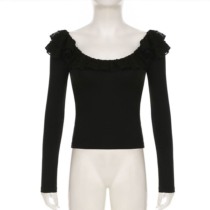 Long sleeve ruffle mesh patchwork top