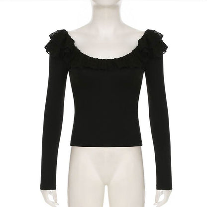 Long sleeve ruffle mesh patchwork top