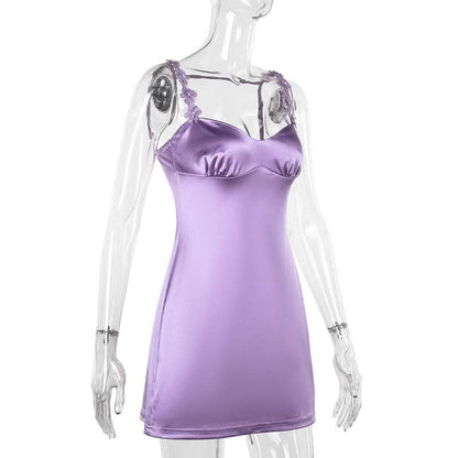 V neck flower applique ruched cami mini dress