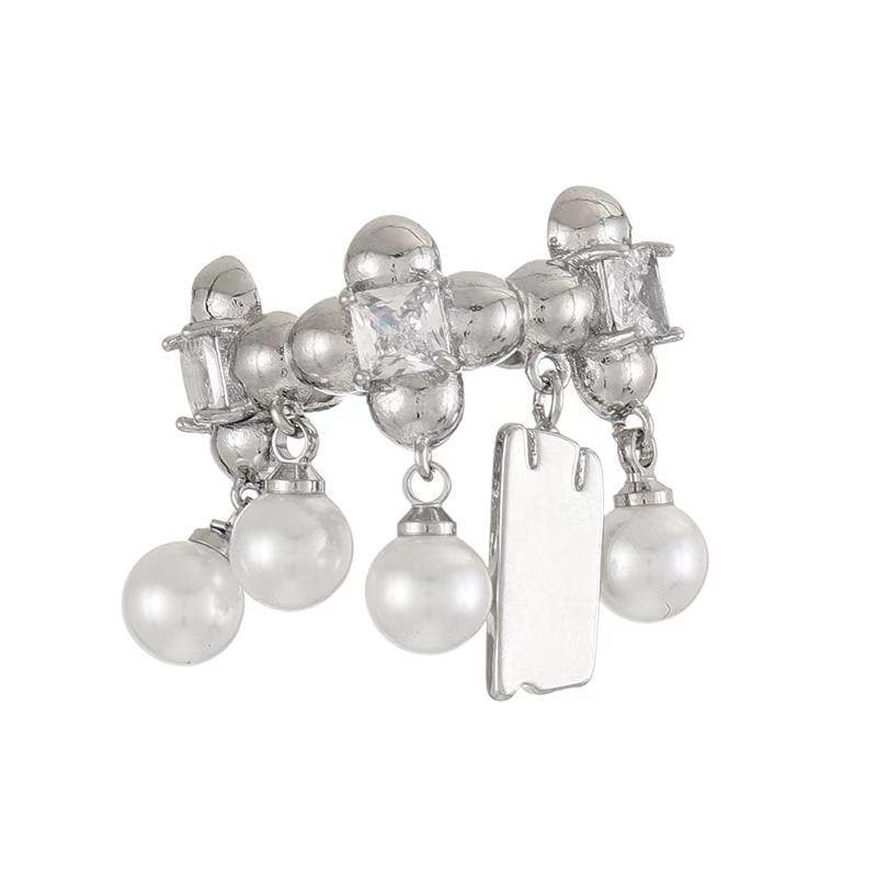 Faux pearl silver adjustable rhinestone ring