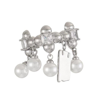 Faux pearl silver adjustable rhinestone ring