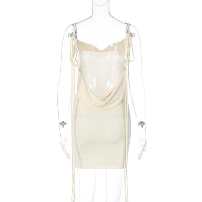 Cowl neck self tie backless ribbon solid mini dress
