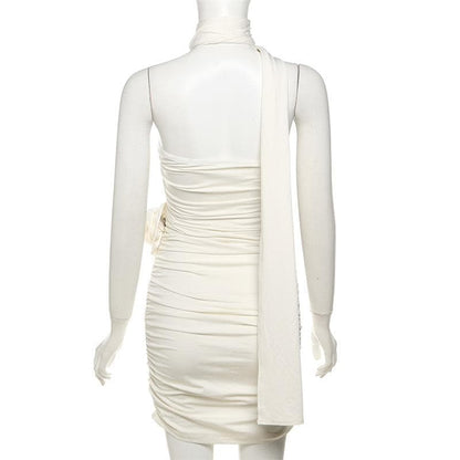 Halter ruched flower applique backless mini dress