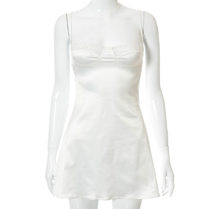 Lace hem satin ruched hollow out backless cami cut out mini dress