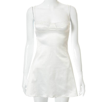 Lace hem satin ruched hollow out backless cami cut out mini dress