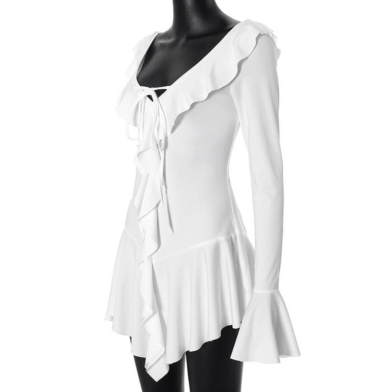 Long flared sleeve ruffle v neck mini dress