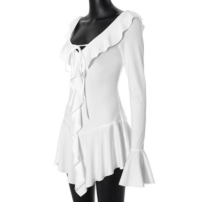 Long flared sleeve ruffle v neck mini dress