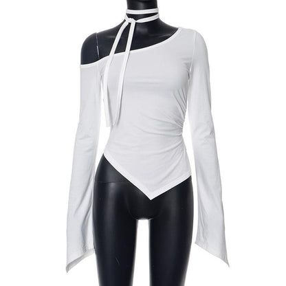 Long flared sleeve off shoulder ruched irregular top