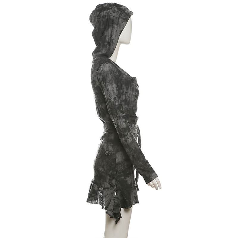 Hoodie long sleeve belt hollow out cut out mini dress