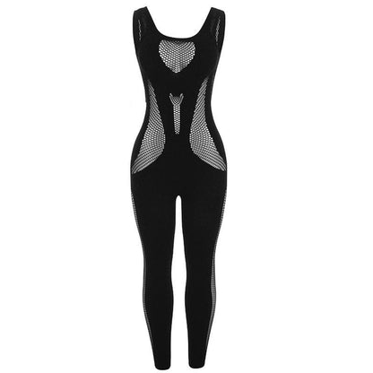 Fishnet sleeveless hollow out u neck solid jumpsuit
