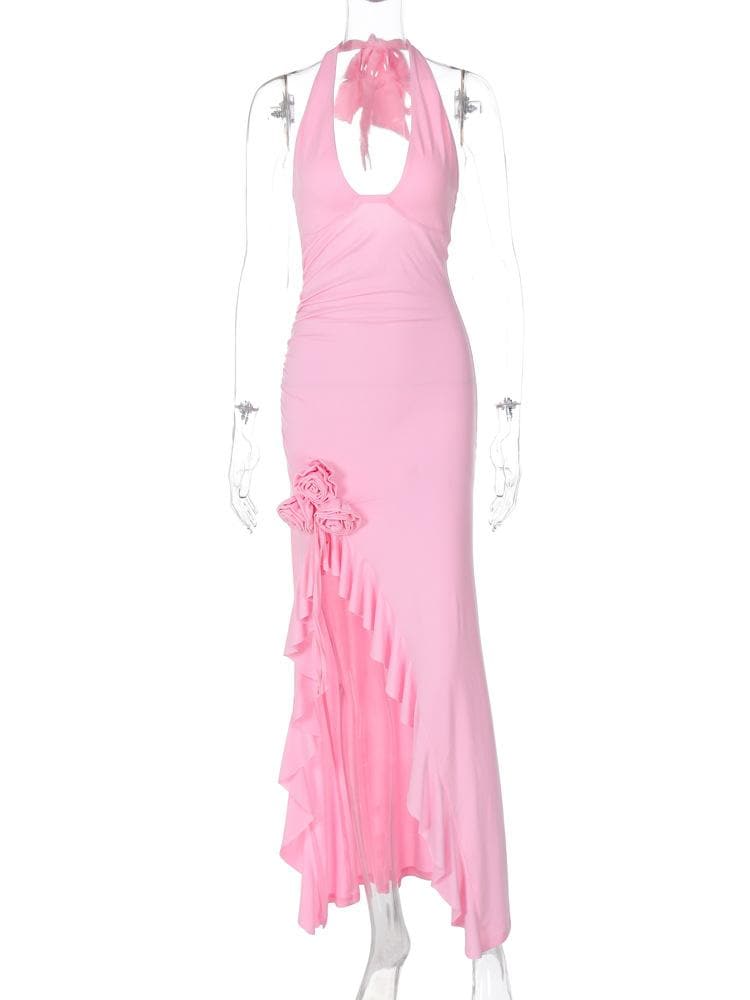 Halter flower applique ruffle ruched slit knotted maxi dress