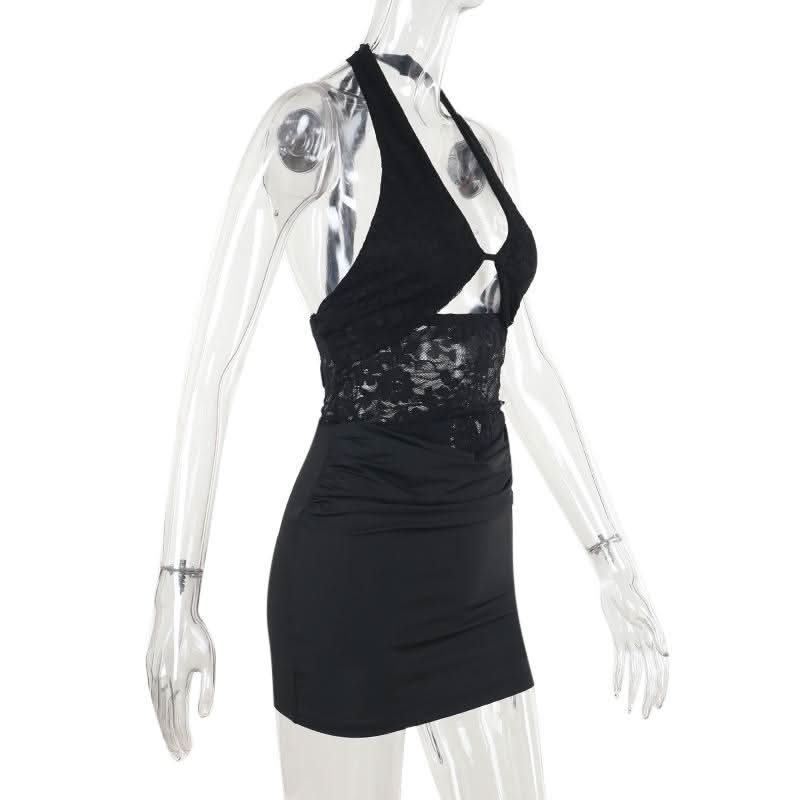 Halter self tie hollow out lace ruched cut out mini dress