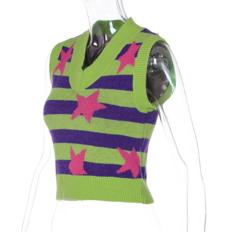 Cap sleeve contrast striped star pattern top