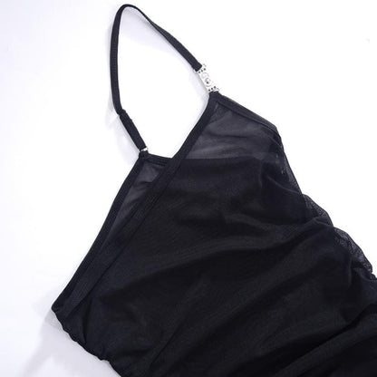 Sheer mesh see through one shoulder ruched irregular midi dress