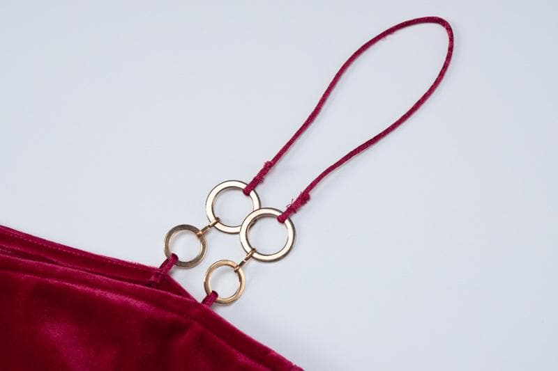 Velvet solid o ring hollow out slit backless cut out maxi dress