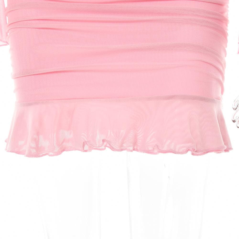 Mesh hollow out solid ruffle long sleeve ruched mini skirt set