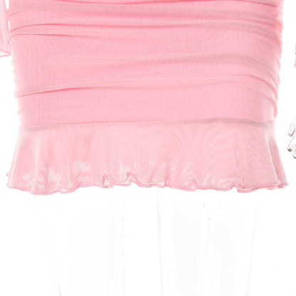 Mesh hollow out solid ruffle long sleeve ruched mini skirt set