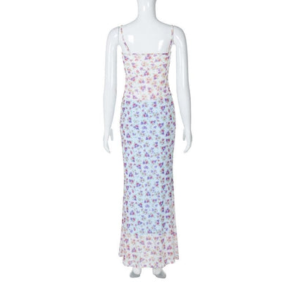 Print ruched high slit sweetheart neck mesh cami maxi skirt set