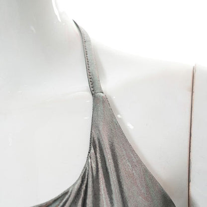 Metallic halter self tie backless solid slit top