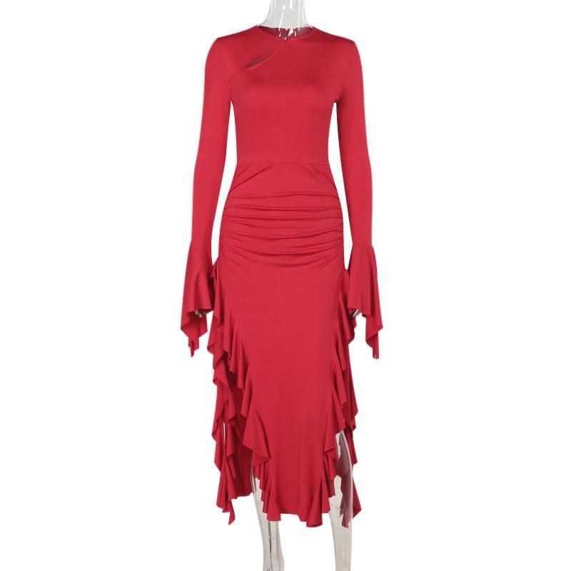 Long sleeve ruffle slit ruched zip-up maxi dress