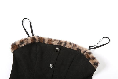 Fluffy leopard print patchwork button zip-up cami mini dress