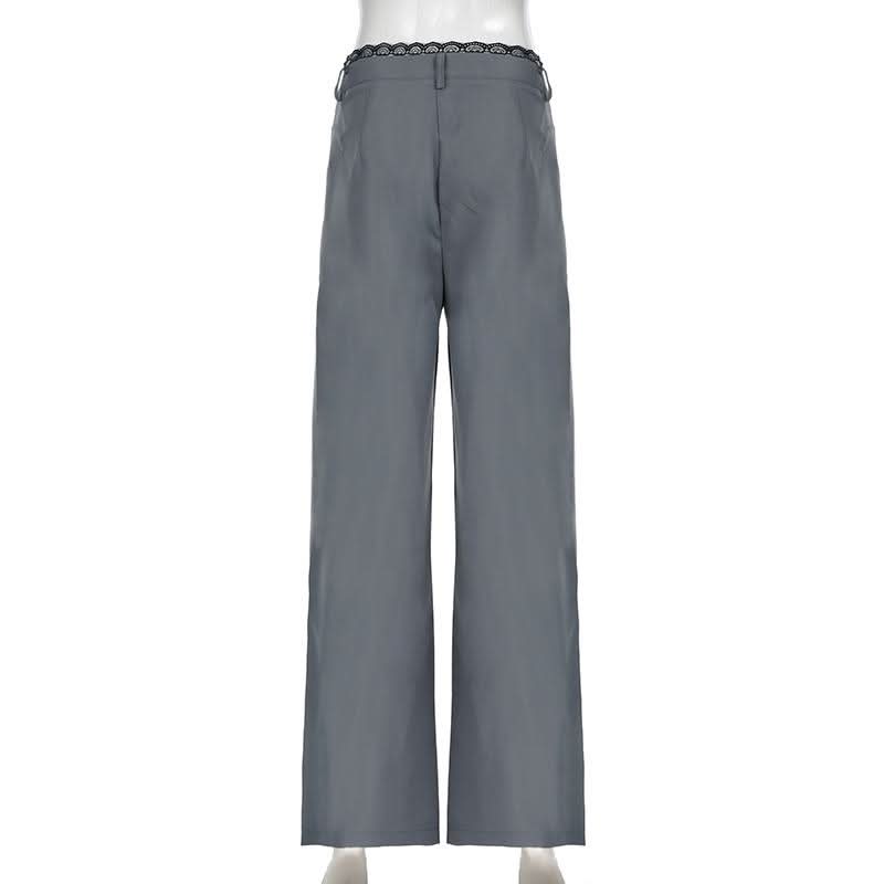 Lace hem button ruched low rise straight leg pant