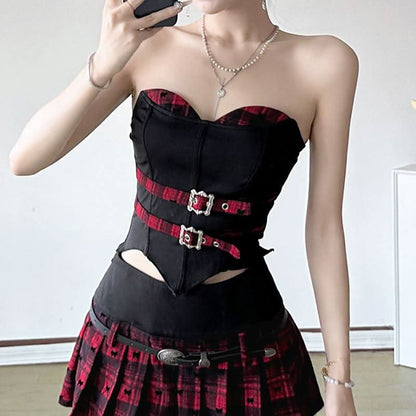 Sweetheart neck plaid buckle top
