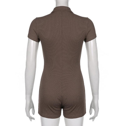 Turnover collar ribbed button romper