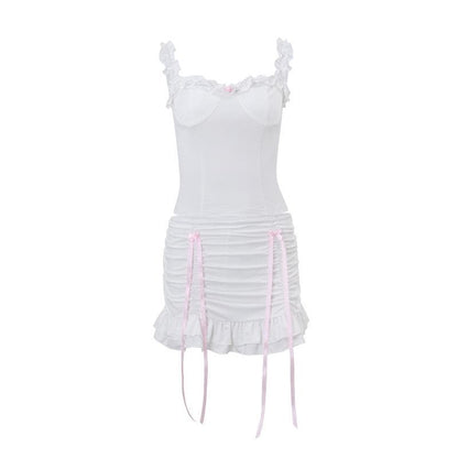 Ruffle ruched bowknot ribbon stitch cami skirt set