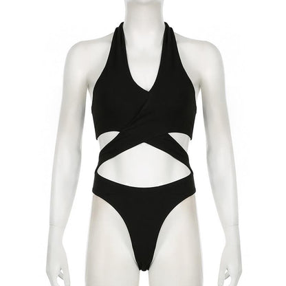 Halter cross front hollow out knotted bodysuit