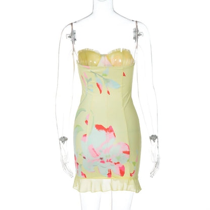 Flower print ruffle tube mini dress