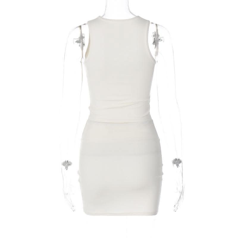 Hollow out solid sleeveless irregular crewneck mini skirt set-final-sale