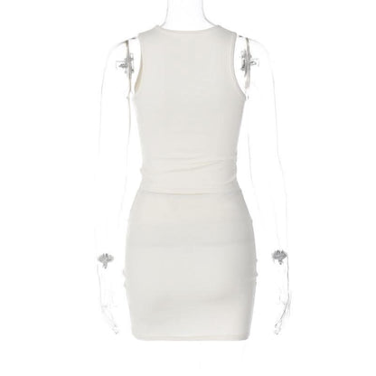 Hollow out solid sleeveless irregular crewneck mini skirt set-final-sale