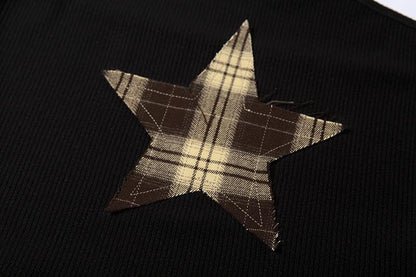 Halter contrast star pattern self tie backless crop top