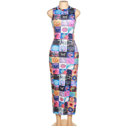 Sleeveless Mock Neck Patchwork Graphic Print Bodycon Maxi Dress