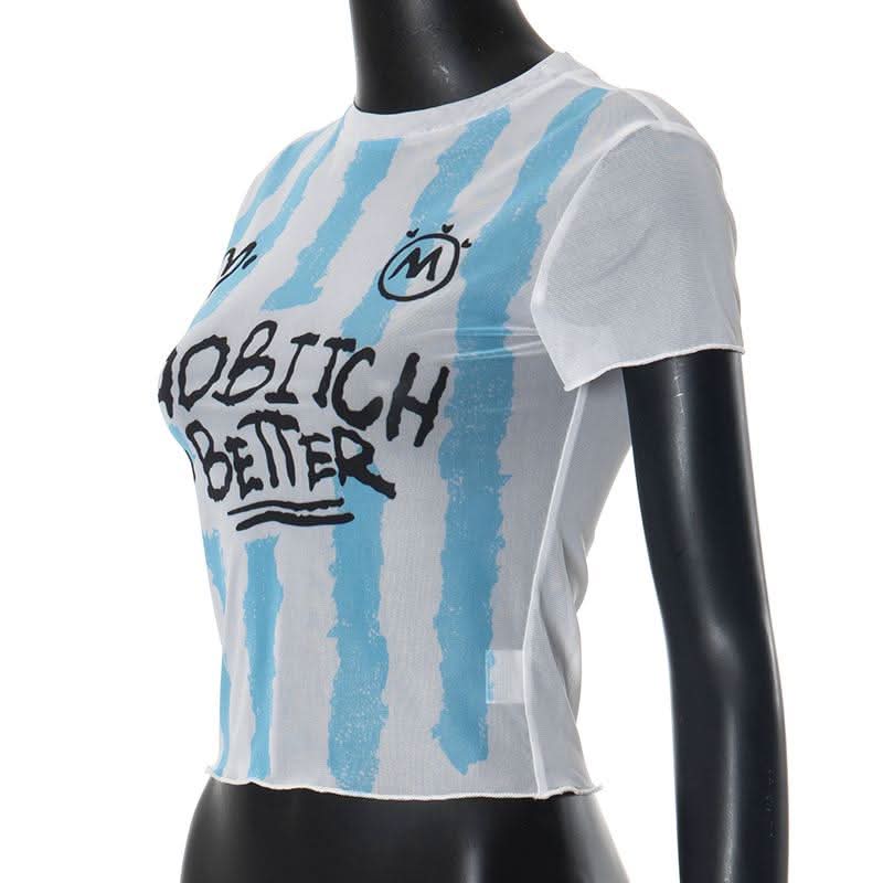 Short sleeve crewneck sheer mesh letter print crop top
