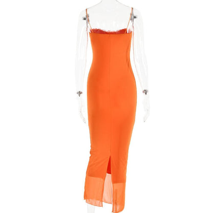 Lace hem patchwork mesh slit cami midi dress