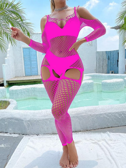 Fishnet hollow out off shoulder open crotch bodystocking